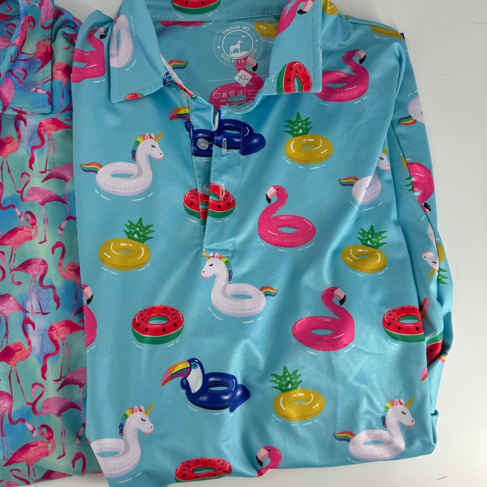 Lot of 3 Proud 90 Golf Polos Mens XL Flamingo‎ Pool Float Unicorn Tropical Blue - Picture 2 of 5